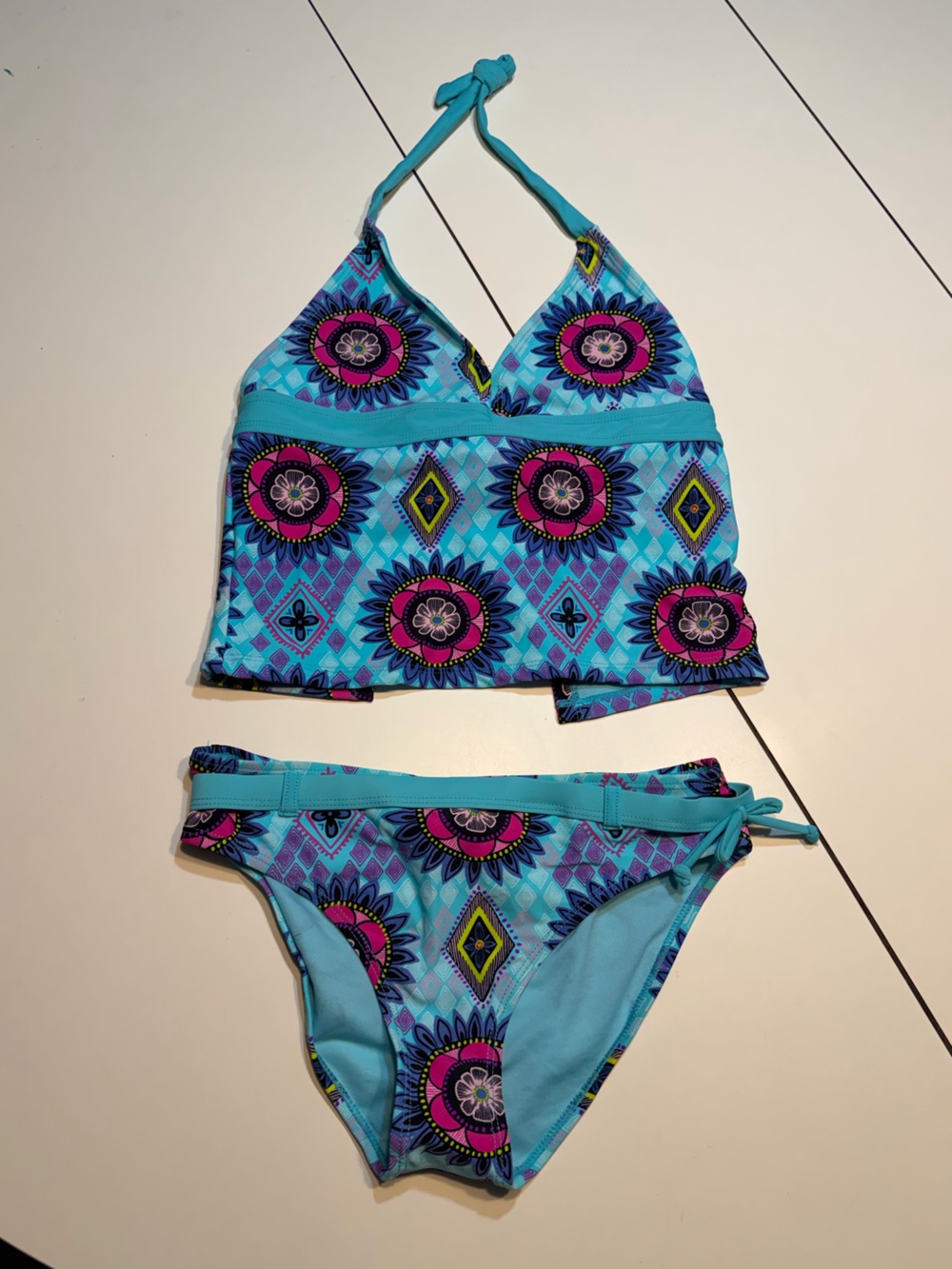 YMI girls 14 halter-style tankini bikini top with matching side-tie bottoms NWT